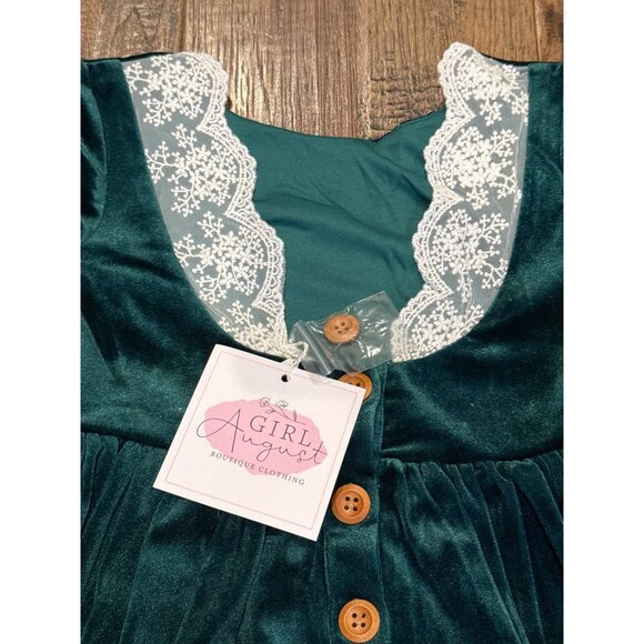 NWT Girl August Velvet & Lace Long Sleeve Dress Size 7 Green & White - Picture 7 of 10